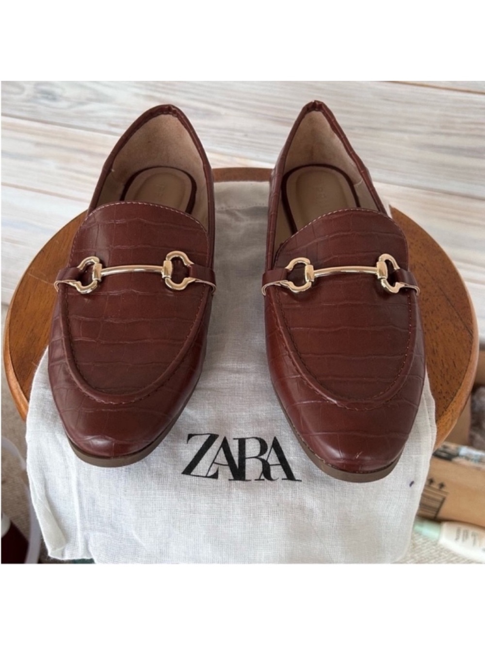 Zara Croc-Embossed Brown Loafers with Gold Detail $68